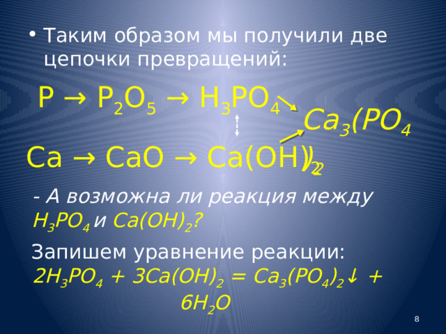 Таким образом мы получили две цепочки превращений: Р → Р 2 О 5 → Н 3 РО 4  Са 3 (РО 4 ) 2 Са → СаО → Са(ОН) 2  - А возможна ли реакция между Н 3 РО 4 и Са(ОН) 2 ?  Запишем уравнение реакции: 2Н 3 РО 4 + 3Са(ОН) 2 = Са 3 (РО 4 ) 2 ↓ + 6Н 2 О  
