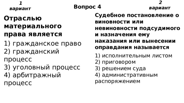 Вопрос 4 2 вариант 1 вариант Судебное постановление о виновности или невиновности подсудимого и назначения ему наказания или вынесении оправдания называется 1) исполнительным листом  2) приговором  3) решением суда  4) административным распоряжением Отраслью материального права является 1) гражданское право  2) гражданский процесс  3) уголовный процесс  4) арбитражный процесс 