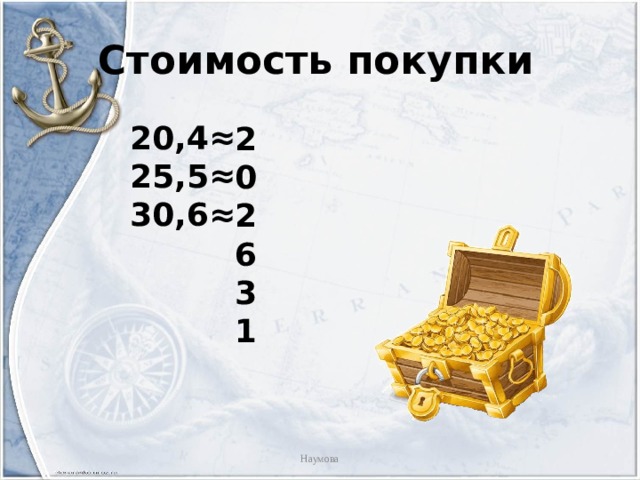 Стоимость покупки ≈ ≈ ≈ 20,4 25,5 30,6 20 26 31 Наумова