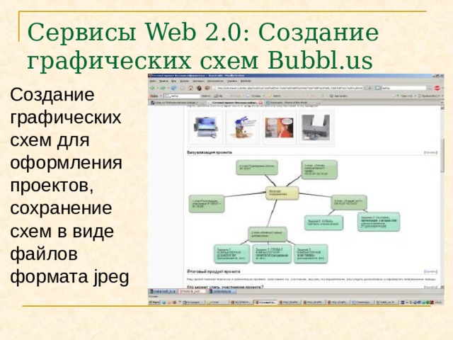 Сервисы Web 2.0 : Создание графических схем Bubbl.us Создание графических схем для оформления проектов, сохранение схем в виде файлов формата jpeg 