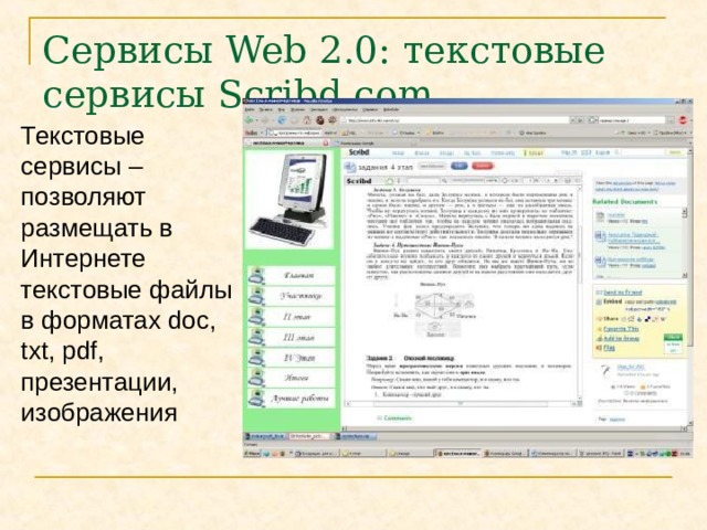 Сервисы Web 2.0 :  текстовые сервисы Scribd.com Текстовые сервисы – позволяют размещать в Интернете текстовые файлы в форматах doc, txt, pdf , презентации , изображения  