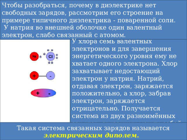 Чтобы разобраться, почему в диэлектрике нет свободных зарядов, рассмотрим его строение на примере типичного диэлектрика - поваренной соли.  У натрия во внешней оболочке один валентный электрон, слабо связанный с атомом. У хлора семь валентных электронов и для завершения энергетического уровня ему не хватает одного электрона. Хлор захватывает недостающий электрон у натрия. Натрий, отдавая электрон, заряжается положительно, а хлор, забрав электрон, заряжается отрицательно. Получается система из двух разноимённых зарядов, связанных между собой. Такая система связанных зарядов называется электрическим диполем. 