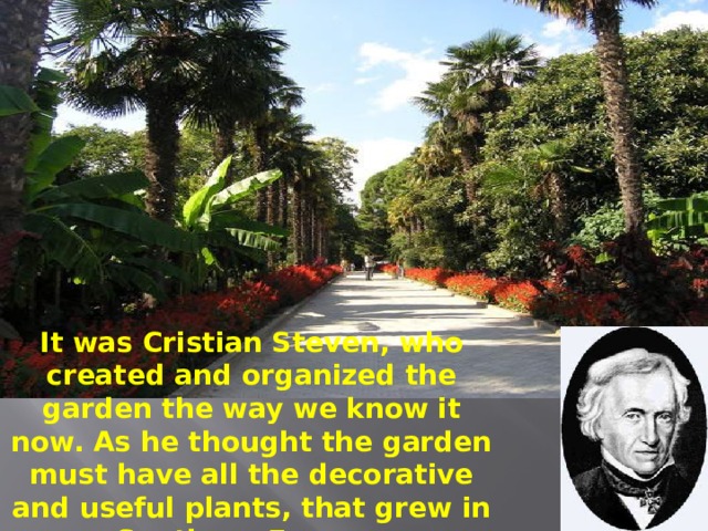 It was Cristian Steven, who created and organized the garden the way we know it now. As he thought the garden must have all the decorative and useful plants, that grew in Southern Europe. 