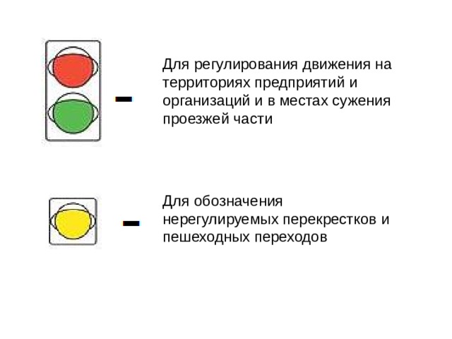 Для регулирования движения на территориях предприятий и организаций и в местах сужения проезжей части Для обозначения нерегулируемых перекрестков и пешеходных переходов 