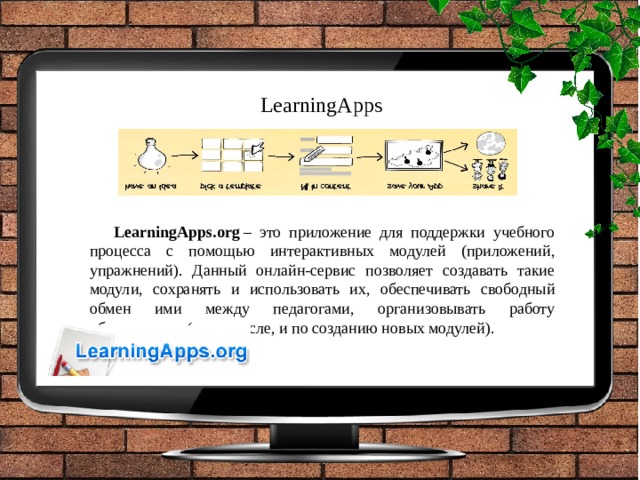LearningApps LearningApps.org  – это приложение для поддержки учебного процесса с помощью интерактивных модулей (приложений, упражнений). Данный онлайн-сервис позволяет создавать такие модули, сохранять и использовать их, обеспечивать свободный обмен ими между педагогами, организовывать работу обучающихся (в том числе, и по созданию новых модулей). 