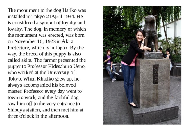 The monument to the dog Hatiko was installed in Tokyo 21April 1934. He is considered a symbol of loyalty and loyalty. The dog, in memory of which the monument was erected, was born on November 10, 1923 in Akita Prefecture, which is in Japan. By the way, the breed of this puppy is also called akita. The farmer presented the puppy to Professor Hidesaburo Ueno, who worked at the University of Tokyo. When Khatiko grew up, he always accompanied his beloved master. Professor every day went to town to work, and the faithful dog saw him off to the very entrance to Shibuya station, and then met him at three o'clock in the afternoon. 