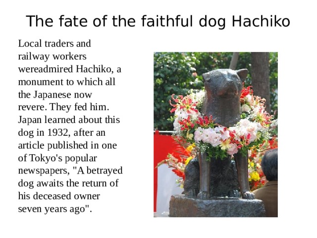 The fate of the faithful dog Hachiko   Local traders and railway workers wereadmired Hachiko, a monument to which all the Japanese now revere. They fed him. Japan learned about this dog in 1932, after an article published in one of Tokyo's popular newspapers, 