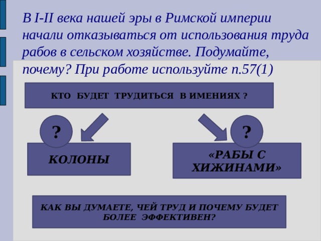 В I-II века нашей эры в Римской империи начали отказываться от использования труда рабов в сельском хозяйстве. Подумайте, почему? При работе используйте п.57(1) КТО БУДЕТ ТРУДИТЬСЯ В ИМЕНИЯХ ? ? ? КОЛОНЫ «РАБЫ С ХИЖИНАМИ» КАК ВЫ ДУМАЕТЕ, ЧЕЙ ТРУД И ПОЧЕМУ БУДЕТ БОЛЕЕ ЭФФЕКТИВЕН? 