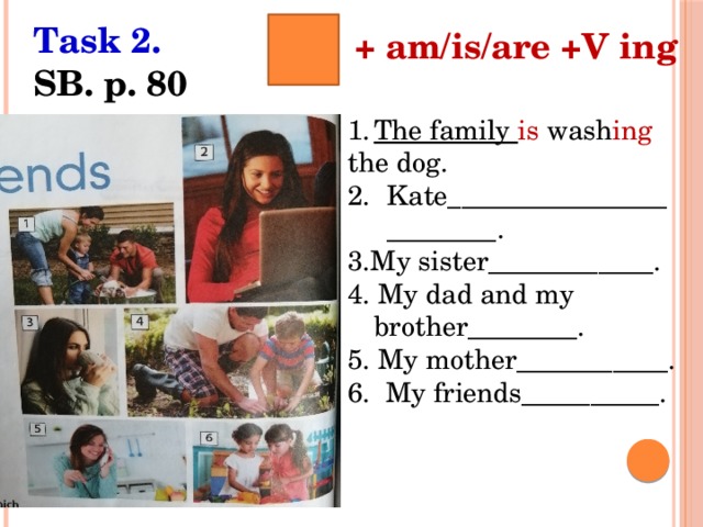 Task 2. SB. p. 80 + am/is/are +V ing The family is wash ing  the dog. Kate________________________. 3.My sister____________. 4. My dad and my brother________. 5. My mother___________. 6. My friends__________. 