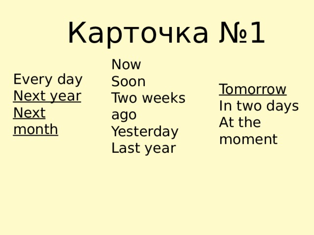 Карточка №1 Now Soon Two weeks ago Yesterday Last year Every day Next year Next month Tomorrow  In two days At the moment 
