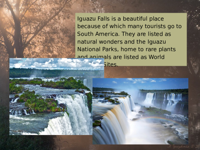 Iguazu Falls is a beautiful place because of which many tourists go to South America. They are listed as natural wonders and the Iguazu National Parks, home to rare plants and animals are listed as World Heritage Sites. 