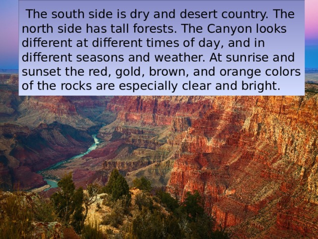  The south side is dry and desert country. The north side has tall forests. The Canyon looks different at different times of day, and in different seasons and weather. At sunrise and sunset the red, gold, brown, and orange colors of the rocks are especially clear and bright. 