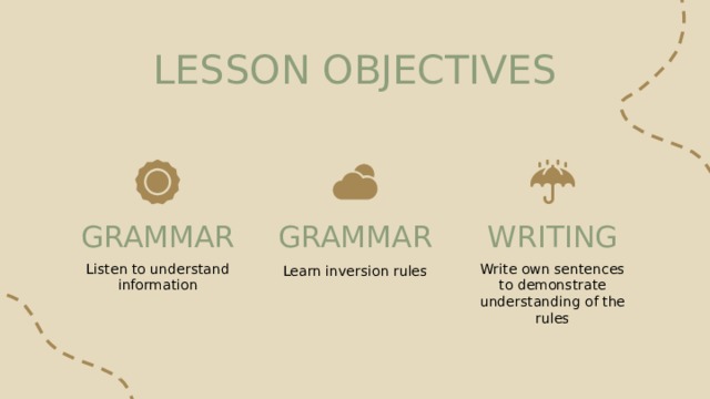 LESSON OBJECTIVES GRAMMAR GRAMMAR WRITING Listen to understand information Write own sentences to demonstrate understanding of the rules Learn inversion rules 