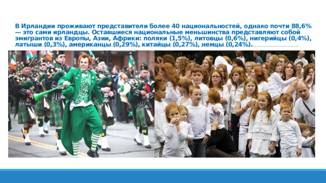 В Ирландии проживают представители более 40 национальностей, однако почти 88,6% — это сами ирландцы. Оставшиеся национальные меньшинства представляют собой эмигрантов из Европы, Азии, Африки: поляки (1,5%), литовцы (0,6%), нигерийцы (0,4%), латыши (0,3%), американцы (0,29%), китайцы (0,27%), немцы (0,24%).   