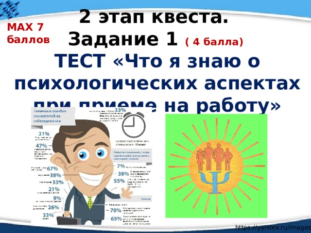 2 этап квеста. Задание 1 ( 4 балла)  ТЕСТ «Что я знаю о психологических аспектах при приеме на работу» MAX 7 баллов https://yandex.ru/images / 