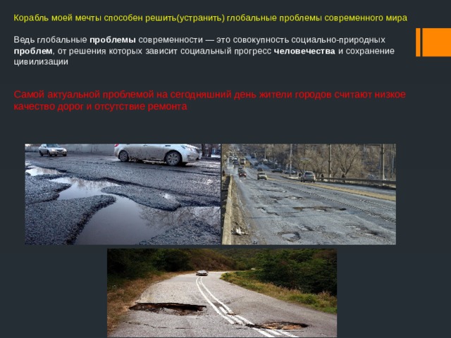 Корабль моей мечты способен решить(устранить) глобальные проблемы современного мира Ведь глобальные проблемы современности — это совокупность социально-природных проблем , от решения которых зависит социальный прогресс человечества и сохранение цивилизации Самой актуальной проблемой на сегодняшний день жители городов считают низкое качество дорог и отсутствие ремонта 