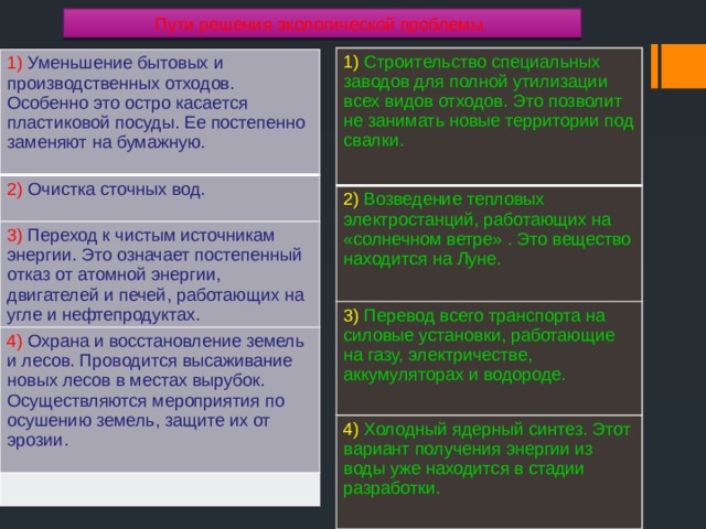 Пути решения экологической проблемы 1) Строительство специальных заводов для полной утилизации всех видов отходов. Это позволит не занимать новые территории под свалки.  2) Возведение тепловых электростанций, работающих на «солнечном ветре» . Это вещество находится на Луне. 3) Перевод всего транспорта на силовые установки, работающие на газу, электричестве, аккумуляторах и водороде. 4) Холодный ядерный синтез. Этот вариант получения энергии из воды уже находится в стадии разработки. 1) Уменьшение бытовых и производственных отходов. Особенно это остро касается пластиковой посуды. Ее постепенно заменяют на бумажную.  2) Очистка сточных вод. 3) Переход к чистым источникам энергии. Это означает постепенный отказ от атомной энергии, двигателей и печей, работающих на угле и нефтепродуктах. 4) Охрана и восстановление земель и лесов. Проводится высаживание новых лесов в местах вырубок. Осуществляются мероприятия по осушению земель, защите их от эрозии. 