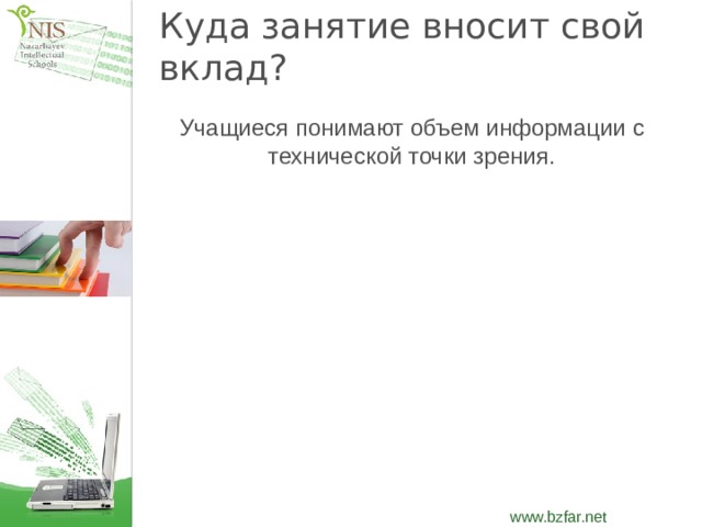 Куда занятие вносит свой вклад? Учащиеся понимают объем информации с технической точки зрения.  