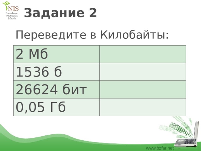 Задание 2 Переведите в Килобайты: 2 Мб 1536 б 26624 бит 0,05 Гб 