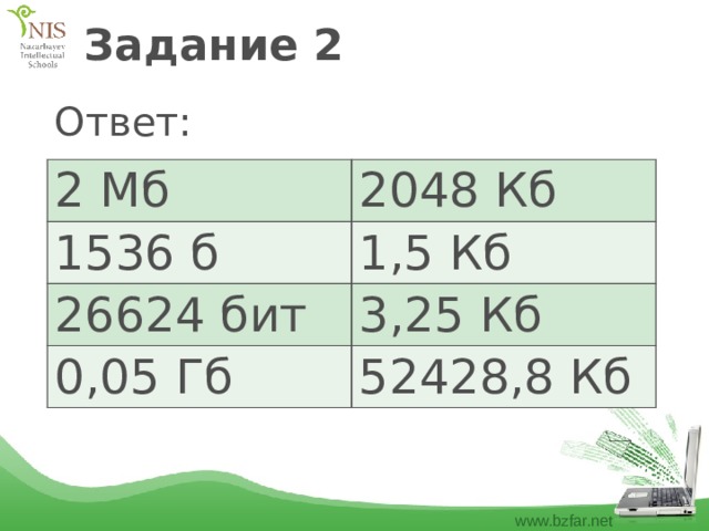 Задание 2 Ответ: 2 Мб 2048 Кб 1536 б 1,5 Кб 26624 бит 3,25 Кб 0,05 Гб 52428,8 Кб 