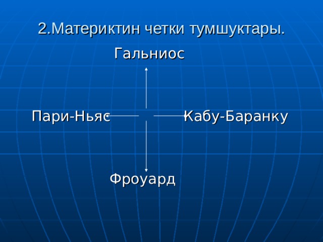 2.Материктин четки тумшуктары.  Гальниос  Пари-Ньяс Кабу-Баранку  Фроуард 