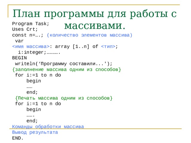 План программы для работы с массивами. Program Task; Uses Crt; const n=….;  ( количество элементов массива)  var  :  array [1..n] of  ;  i:integer;…………. BEGIN  writeln(‘ Программу составили ...'); { заполнение массива одним из способов }  for i:=1 to n do  begin  ……  end;  { Печать массива одним из способов }  for i:=1 to n do  begin  …… .  end; Команды обработки массива Вывод результата END. 