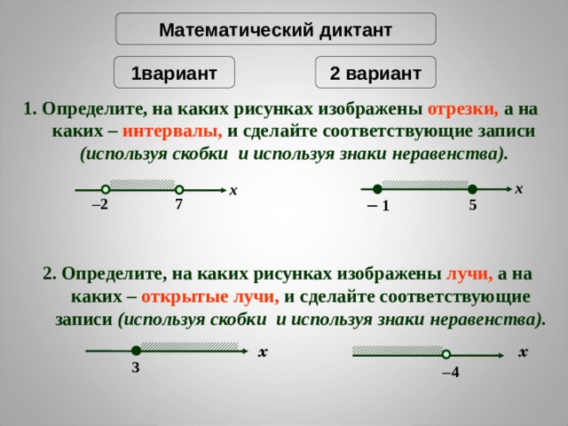 Отрезки какая реформа. Отрезок и интервал скобки. Математический диктант неравенства. Сделай соответствующие записи по рисункам (используя скобки). Отрезки с координатами неравенства.