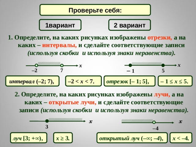 Проверьте себя: 2 вариант 1вариант 1. Определите, на каких рисунках изображены отрезки, а на каких – интервалы, и сделайте соответствующие записи (используя скобки и используя знаки неравенства). x x –  1 7 – 2 5 –  1  ≤ x ≤  5. интервал ( –2; 7), отрезок [–  1; 5], – 2  7. 2. Определите, на каких рисунках изображены лучи, а на каких – открытые лучи, и сделайте соответствующие записи (используя скобки и используя знаки неравенства). x x 3 – 4 луч [3; +∞ ),  x ≥ 3 . открытый луч (– ∞ ; – 4 ),  x  4 . 