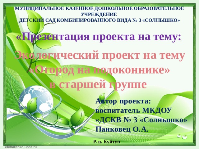 МУНИЦИПАЛЬНОЕ КАЗЕННОЕ ДОШКОЛЬНОЕ ОБРАЗОВАТЕЛЬНОЕ УЧРЕЖДЕНИЕ ДЕТСКИЙ САД КОМБИНИРОВАННОГО ВИДА № 3 «СОЛНЫШКО» «Презентация проекта на тему: Экологический проект на тему «Огород на подоконнике» в старшей группе Автор проекта: воспитатель МКДОУ «ДСКВ № 3 «Солнышко»  Панковец О.А.  Р. п. Куйтун 