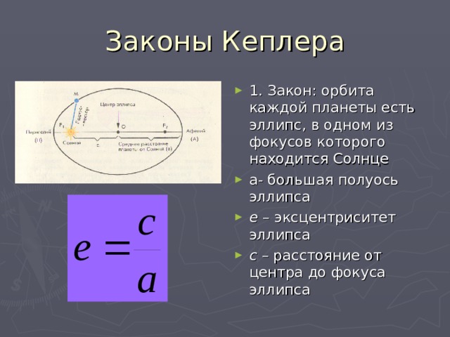 1. Закон: орбита каждой планеты есть эллипс, в одном из фокусов которого находится Солнце а- большая полуось эллипса е – эксцентриситет эллипса с – расстояние от центра до фокуса эллипса 