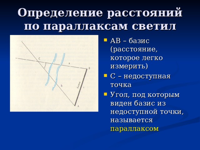 Дайте определение понятиям параллакс и базис на рисунке покажите эти величины