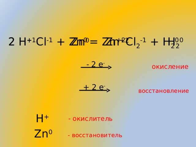 2 H +1 Cl -1 + Zn 0  = Zn +2 Cl 2 -1 + H 2 0 Zn 0 2 H + Zn +2 H 2 0 - 2 е - окисление + 2 е - восстановление H +  - окислитель Zn 0 - восстановитель 
