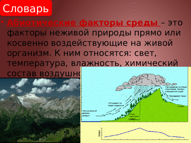 Словарь Абиотические факторы среды – это факторы неживой природы прямо или косвенно воздействующие на живой организм. К ним относятся: свет, температура, влажность, химический состав воздушной, водной и почвенной среды. 