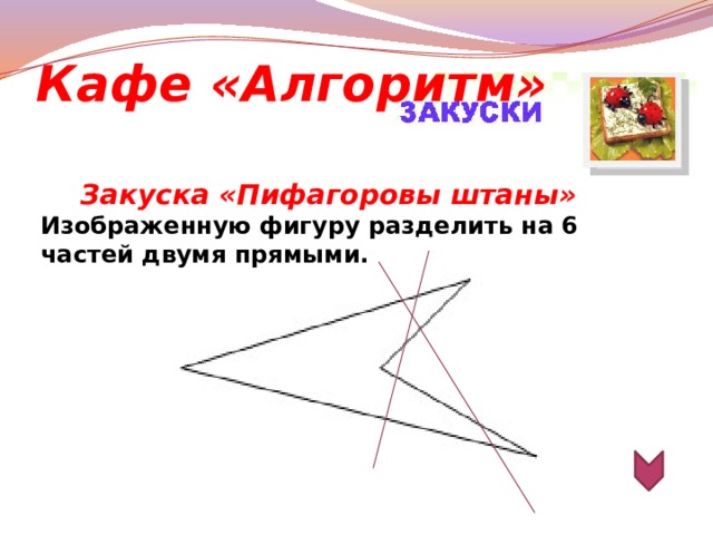 Кафе «Алгоритм» Закуска «Пифагоровы штаны» Изображенную фигуру разделить на 6 частей двумя прямыми.