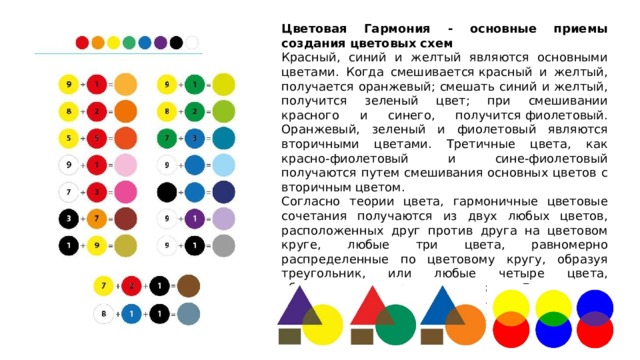 Цветовая Гармония - основные приемы создания цветовых схем Красный, синий и желтый являются основными цветами. Когда смешивается красный и желтый, получается оранжевый; смешать синий и желтый, получится зеленый цвет; при смешивании красного и синего, получится фиолетовый. Оранжевый, зеленый и фиолетовый являются вторичными цветами. Третичные цвета, как красно-фиолетовый и сине-фиолетовый получаются путем смешивания основных цветов с вторичным цветом. Согласно теории цвета, гармоничные цветовые сочетания получаются из двух любых цветов, расположенных друг против друга на цветовом круге, любые три цвета, равномерно распределенные по цветовому кругу, образуя треугольник, или любые четыре цвета, образующие прямоугольник. Гармоничные сочетания цветов называются цветовыми схемами. Цветовые схемы остаются гармоничными вне зависимости от угла поворота. 