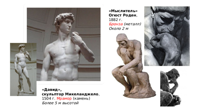 «Мыслитель» Огюст Роден , 1882 г. Бронза (металл) Около 2 м «Давид», скульптор Микеланджело , 1504 г. Мрамор (камень) Более 5 м высотой 