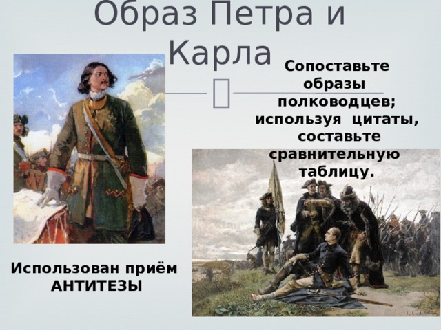 Образ Петра и Карла Сопоставьте образы полководцев; используя цитаты, составьте сравнительную таблицу. Использован приём  АНТИТЕЗЫ 