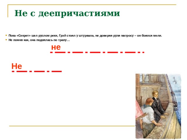  Не с деепричастиями Пока «Секрет» шел руслом реки, Грэй стоял у штурвала, не доверяя руля матросу – он боялся мели. Не помня как, она поднялась по трапу…   не Не 