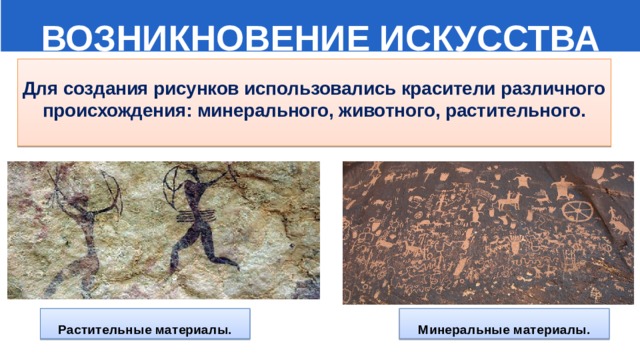  ВОЗНИКНОВЕНИЕ ИСКУССТВА  Для создания рисунков использовались красители различного происхождения: минерального, животного, растительного.   Минеральные материалы. Растительные материалы. 