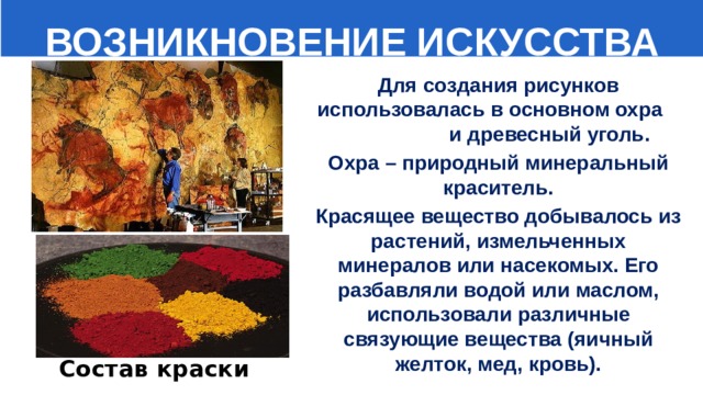  ВОЗНИКНОВЕНИЕ ИСКУССТВА   Для создания рисунков использовалась в основном охра и древесный уголь.  Охра – природный минеральный краситель.  Красящее вещество добывалось из растений, измельченных минералов или насекомых. Его разбавляли водой или маслом, использовали различные связующие вещества (яичный желток, мед, кровь). Состав краски 