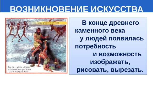 ВОЗНИКНОВЕНИЕ ИСКУССТВА  В конце древнего каменного века у людей появилась потребность и возможность изображать, рисовать, вырезать. 