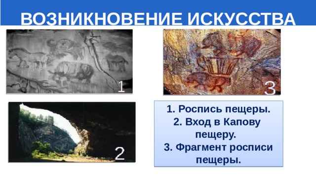  ВОЗНИКНОВЕНИЕ ИСКУССТВА 1. Роспись пещеры. 2. Вход в Капову пещеру. 3. Фрагмент росписи пещеры. 