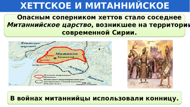 ХЕТТСКОЕ И МИТАННИЙСКОЕ ЦАРСТВА  Опасным соперником хеттов стало соседнее Митаннийское царство , возникшее на территории современной Сирии.   .   В войнах митаннийцы использовали конницу. 