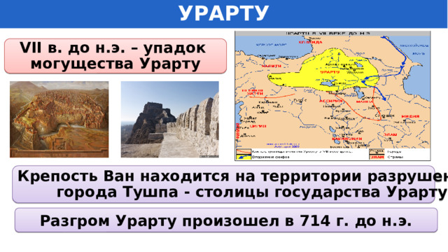 УРАРТУ VII в. до н.э. – упадок могущества Урарту Крепость Ван находится на территории разрушенного города Тушпа - столицы государства Урарту. Разгром Урарту произошел в 714 г. до н.э. 