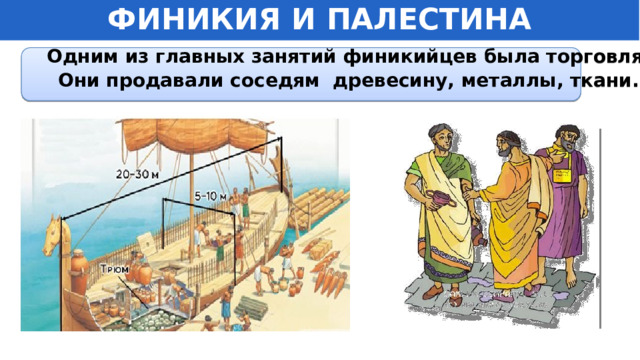 ФИНИКИЯ И ПАЛЕСТИНА Одним из главных занятий финикийцев была торговля. Они продавали соседям древесину, металлы, ткани.    