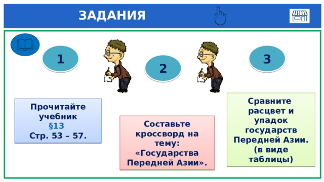  ЗАДАНИЯ 3 1 2 Сравните расцвет и упадок государств Передней Азии. (в виде таблицы) Прочитайте учебник §13  Стр. 53 – 57. Составьте кроссворд на тему: «Государства Передней Азии». 