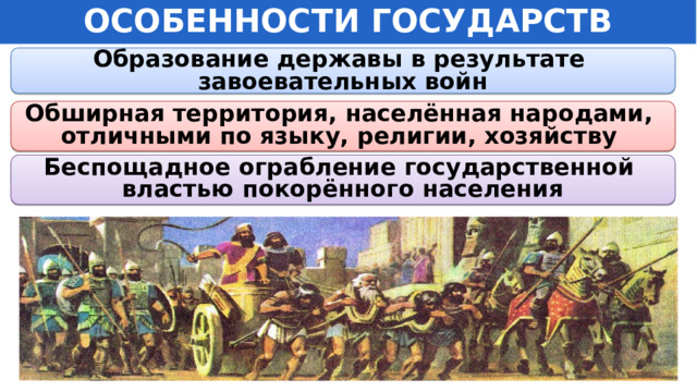 ОСОБЕННОСТИ ГОСУДАРСТВ  Образование державы в результате завоевательных войн     Обширная  территория, населённая народами, отличными по языку, религии, хозяйству     Беспощадное ограбление государственной властью покорённого населения   