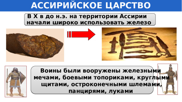 АССИРИЙСКОЕ ЦАРСТВО В X в до н.э. на территории Ассирии начали широко использовать железо  Воины были вооружены железными мечами, боевыми топориками, круглыми  щитами, остроконечными шлемами, панцирями, луками  Самородное железо 