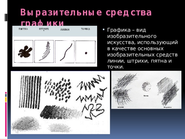 Выразительные средства графики Графика – вид изобразительного искусства, использующий в качестве основных изобразительных средств линии, штрихи, пятна и точки. 