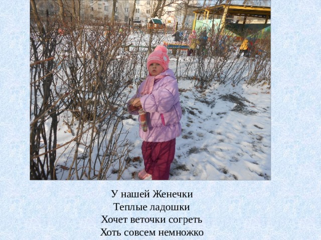 У нашей Женечки Теплые ладошки Хочет веточки согреть Хоть совсем немножко 
